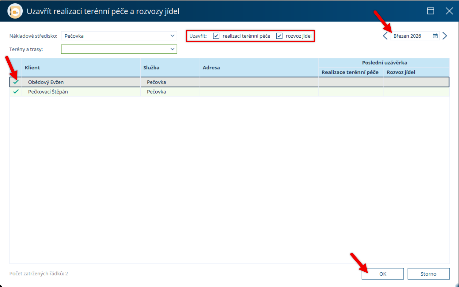 Výběr možností pro uzavření měsíce
