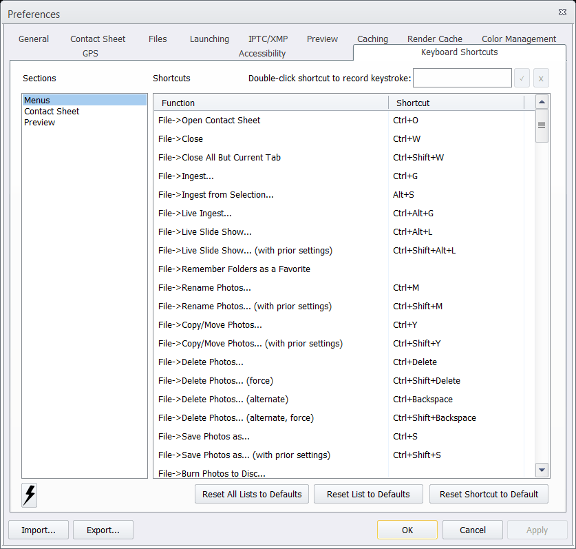 Keyboard Shortcut Preferences on Windows