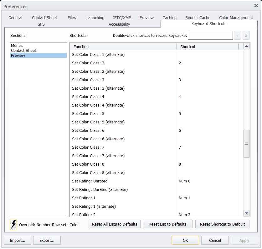 Screenshot of the Number Row sets Color Class Snapshot for Keyboard Shortcuts on Windows