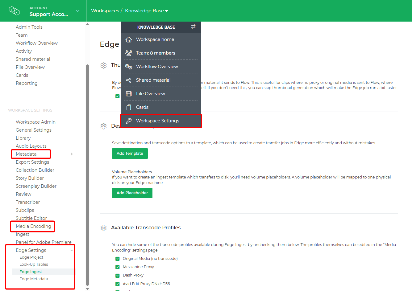 Limecraft screenshot showing where to find all the Edge related settings in the Limecraft Workspace.