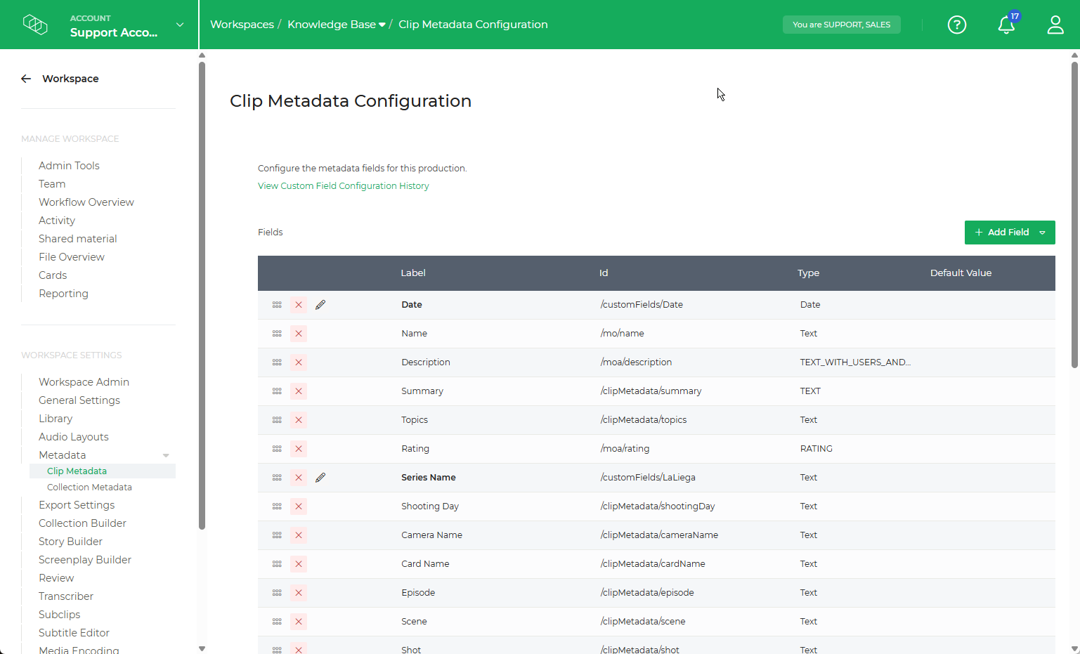 Limecraft screenshot showing the Metadata Configuration section in the Workspace Settings.