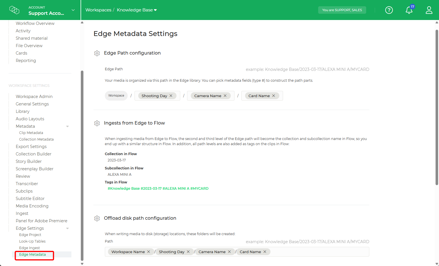 Limecraft screenshot illustrating where to find the Edge Metadata configuration in the workspace settings.