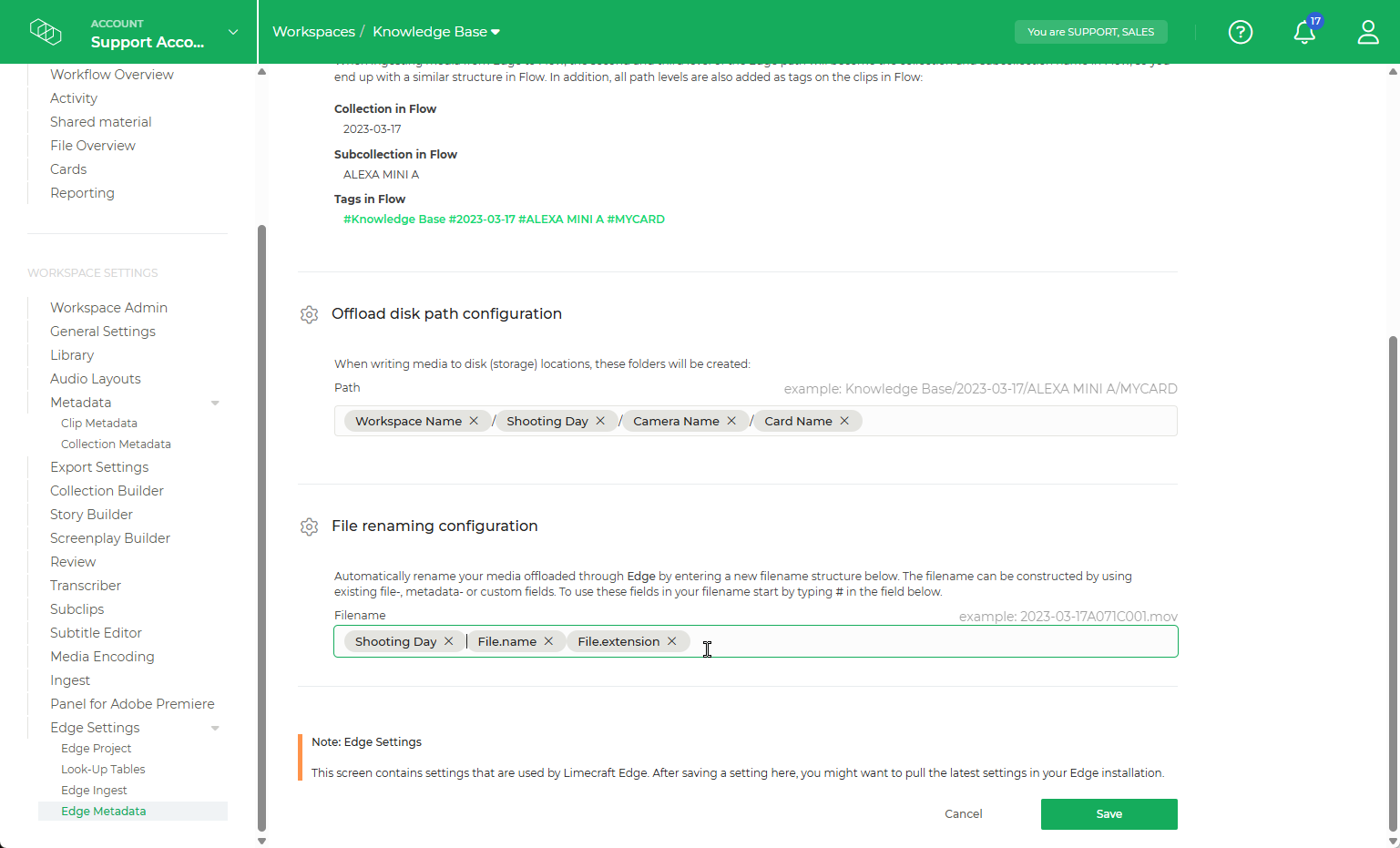 Limecraft screenshot illustrating where to configure automatic file renaming for Edge.
