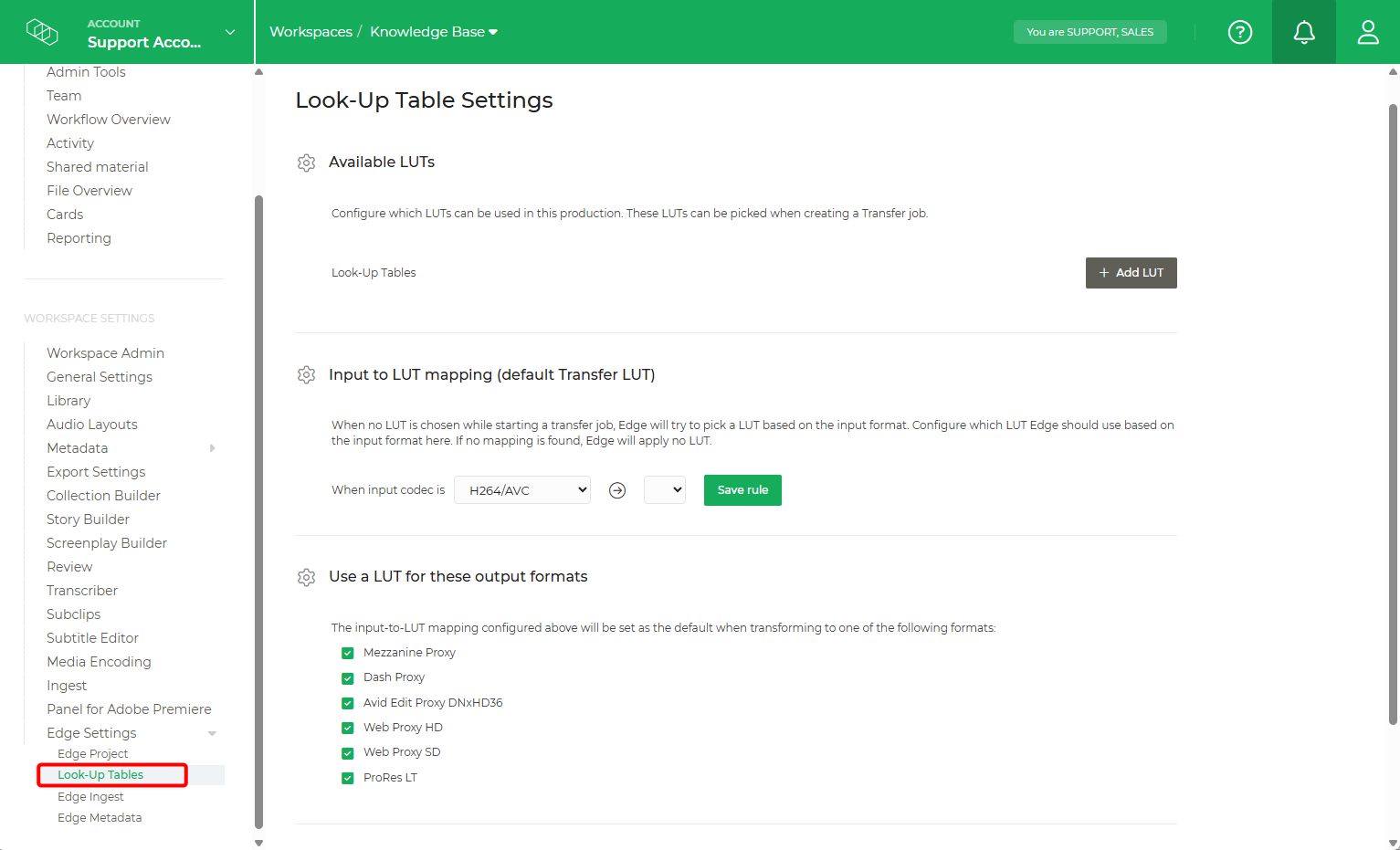 Limecraft screenshot highlighting where to find the settings for LUT with Edge ingest.