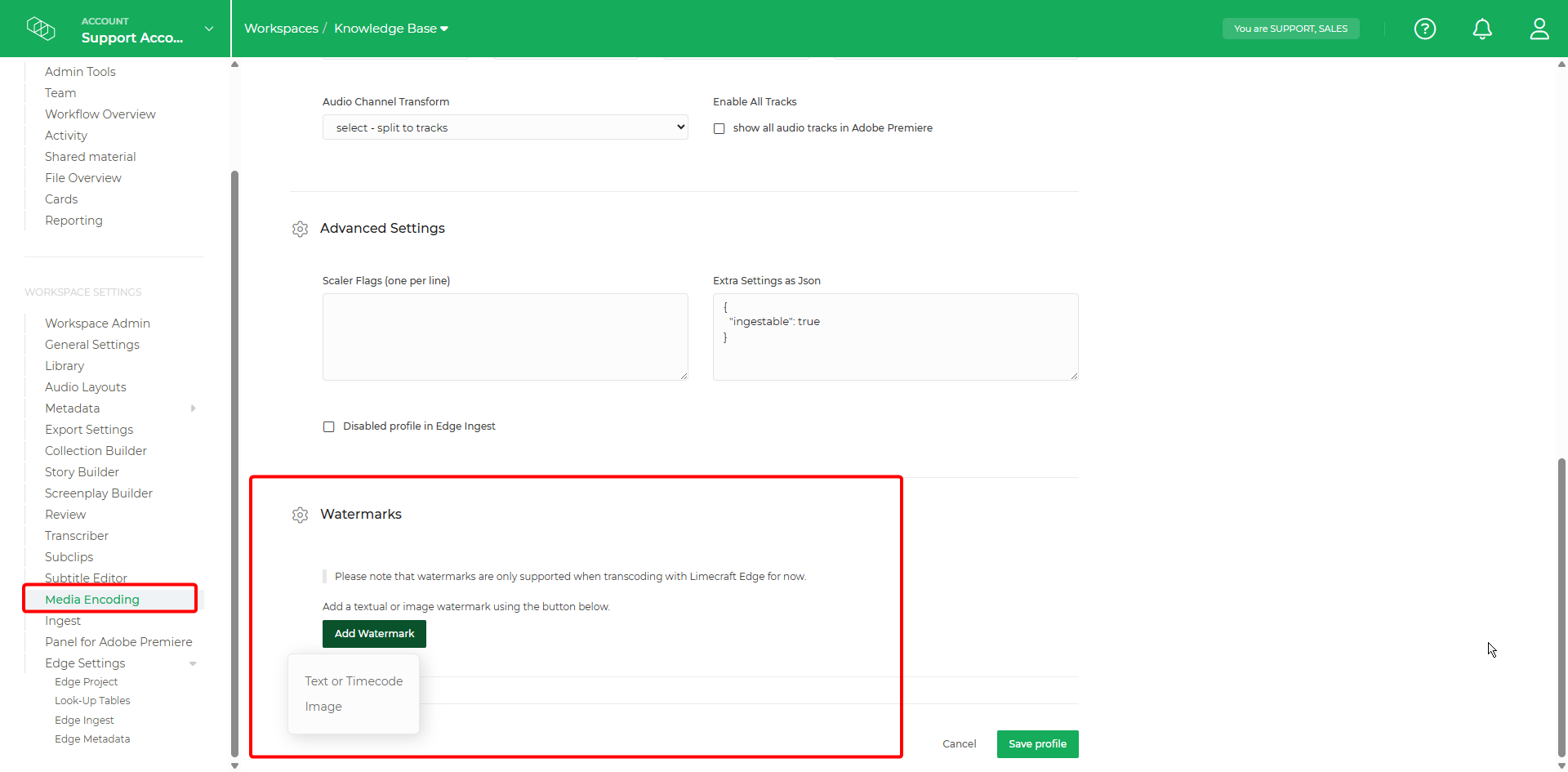 Limecraft screenshot showing how to configure watermarks in the Media Encoding settings.
