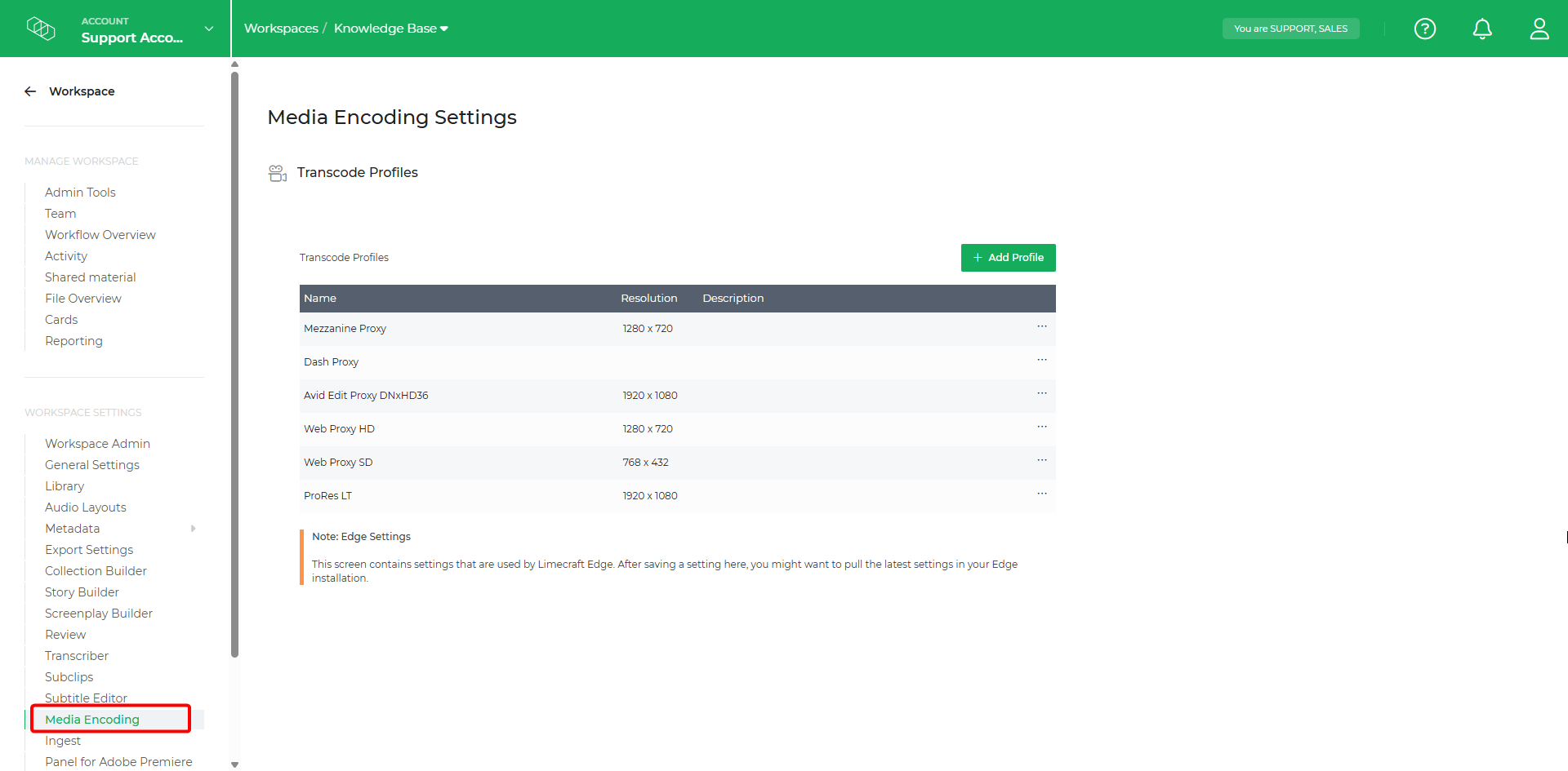 Limecraft screenshot showing where to configure media encoding profiles in the workspace settings.