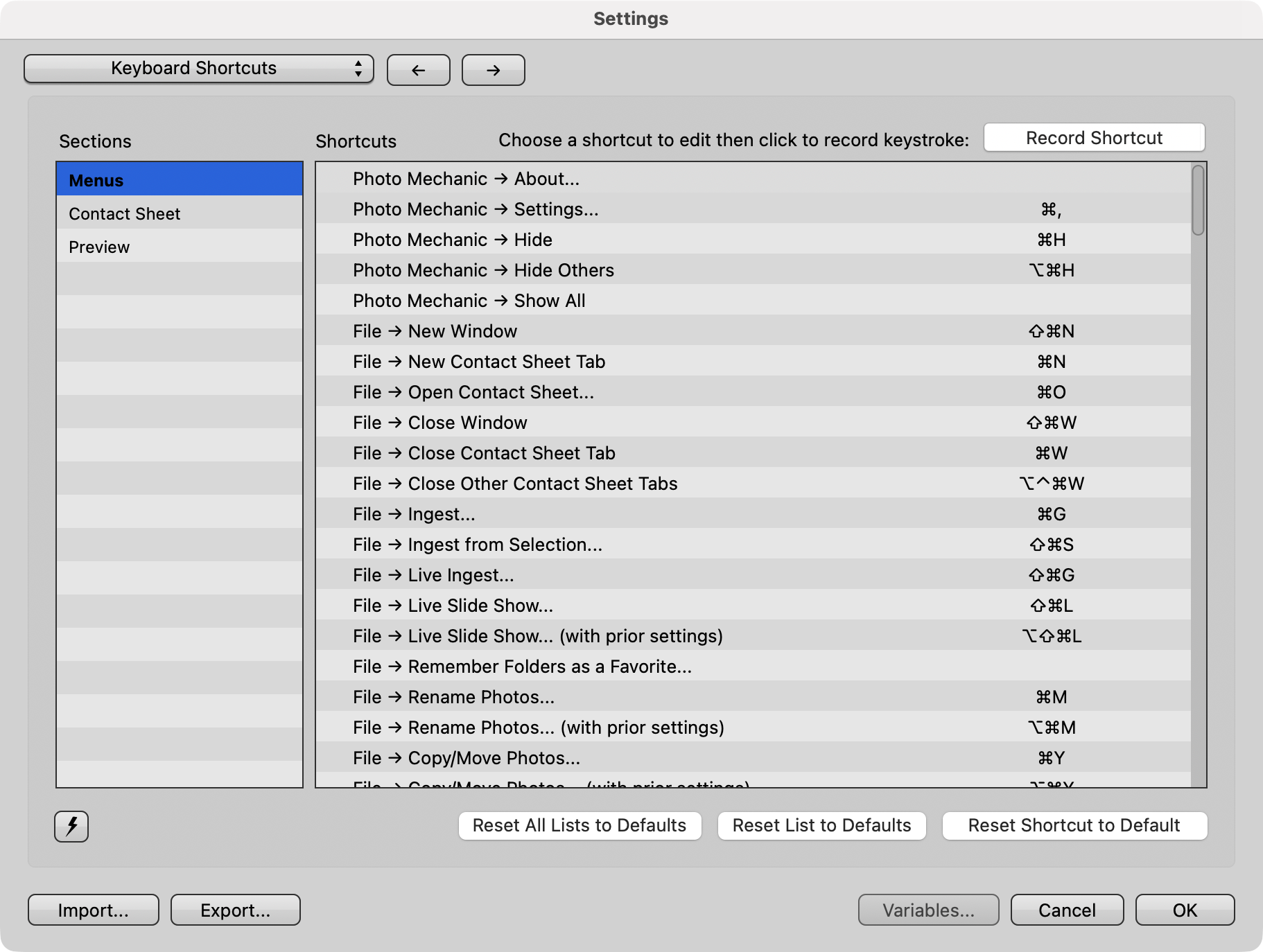Screenshot of Custom Keyboard Shortcut Settings on macOS 