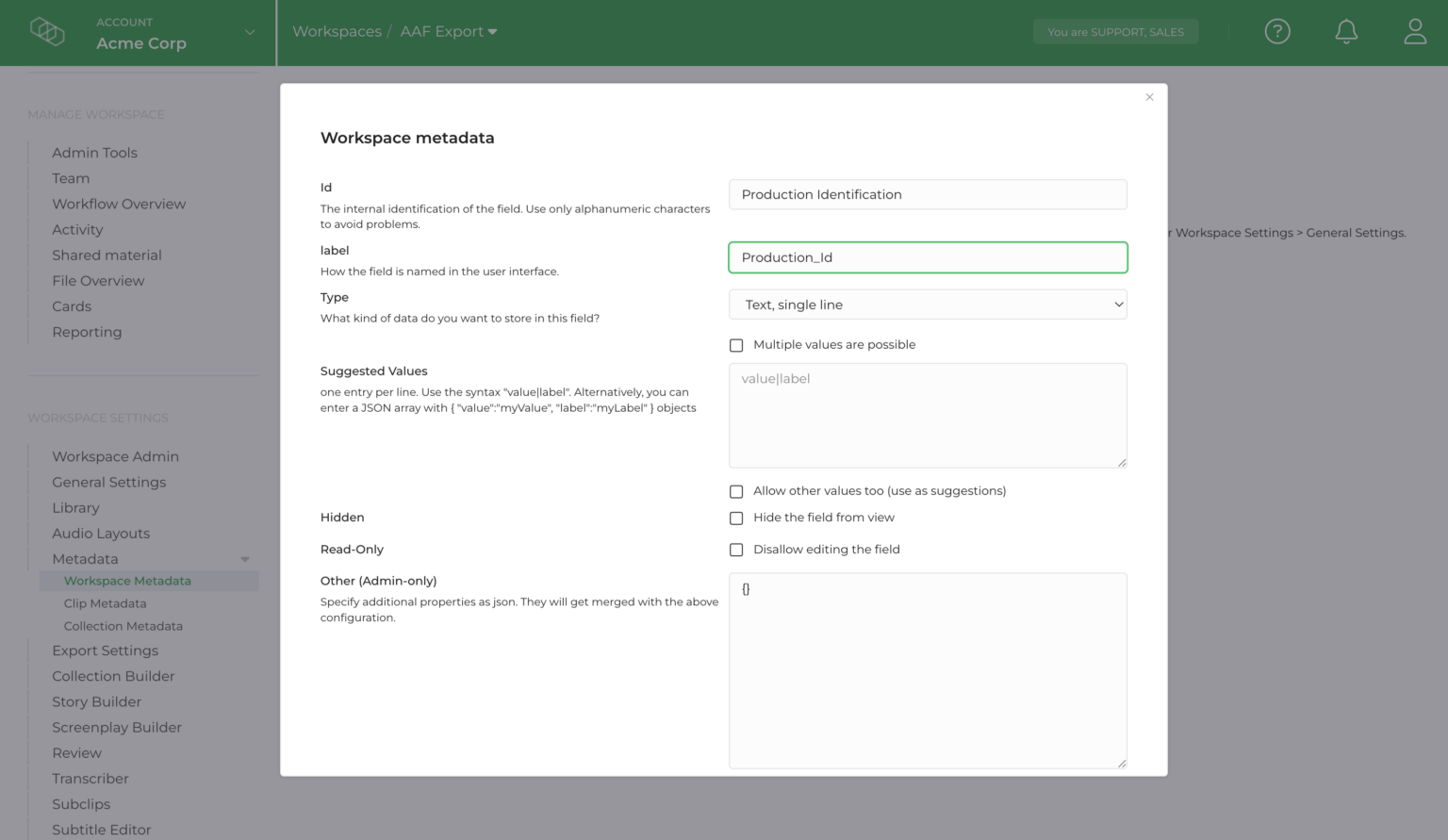 Limecraft screenshot showing how to configure custom metadata fields at workspace level. 
