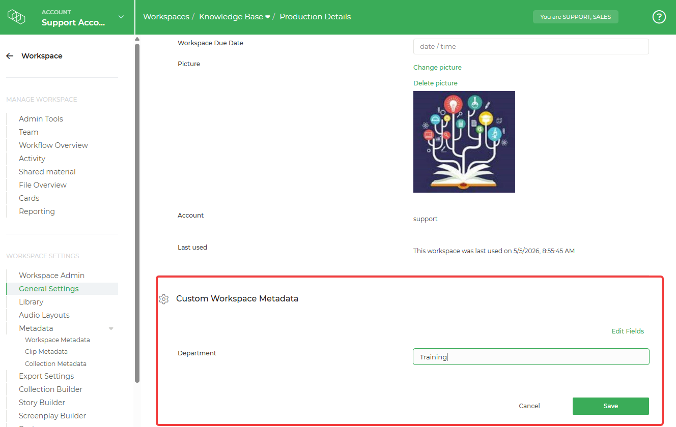 Limecraft screenshot showing how to add custom workspace metadata. 