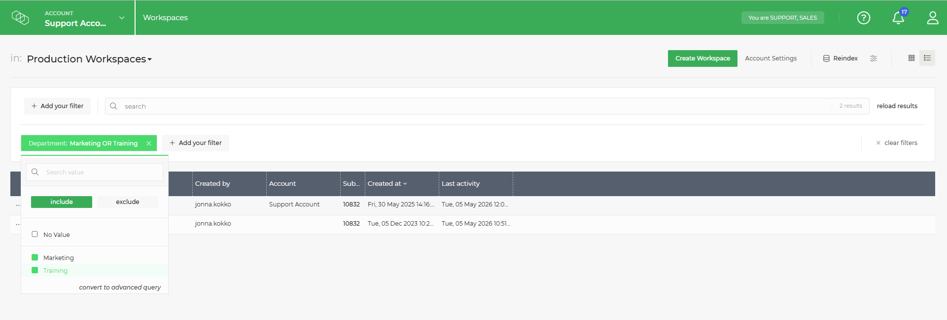 Limecraft screenshot showing how to use filters to search workspaces with certain metadata. 