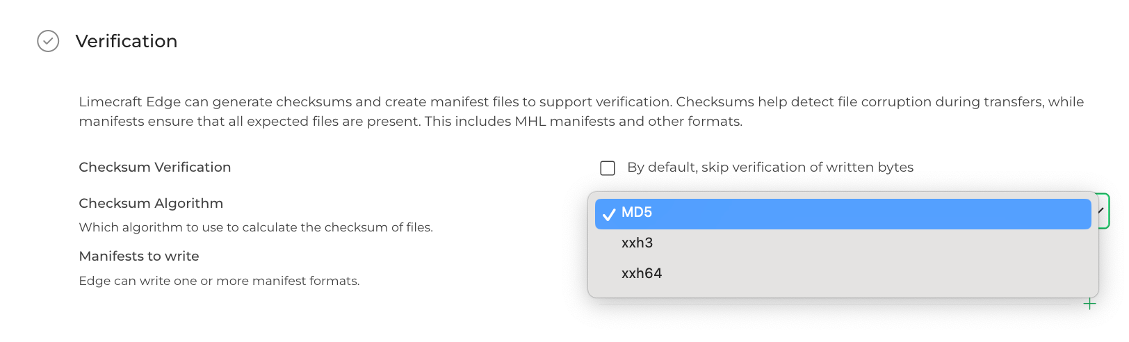 Limecraft screenshot showing how to select the checksum algorithm in the Edge Project settings. 