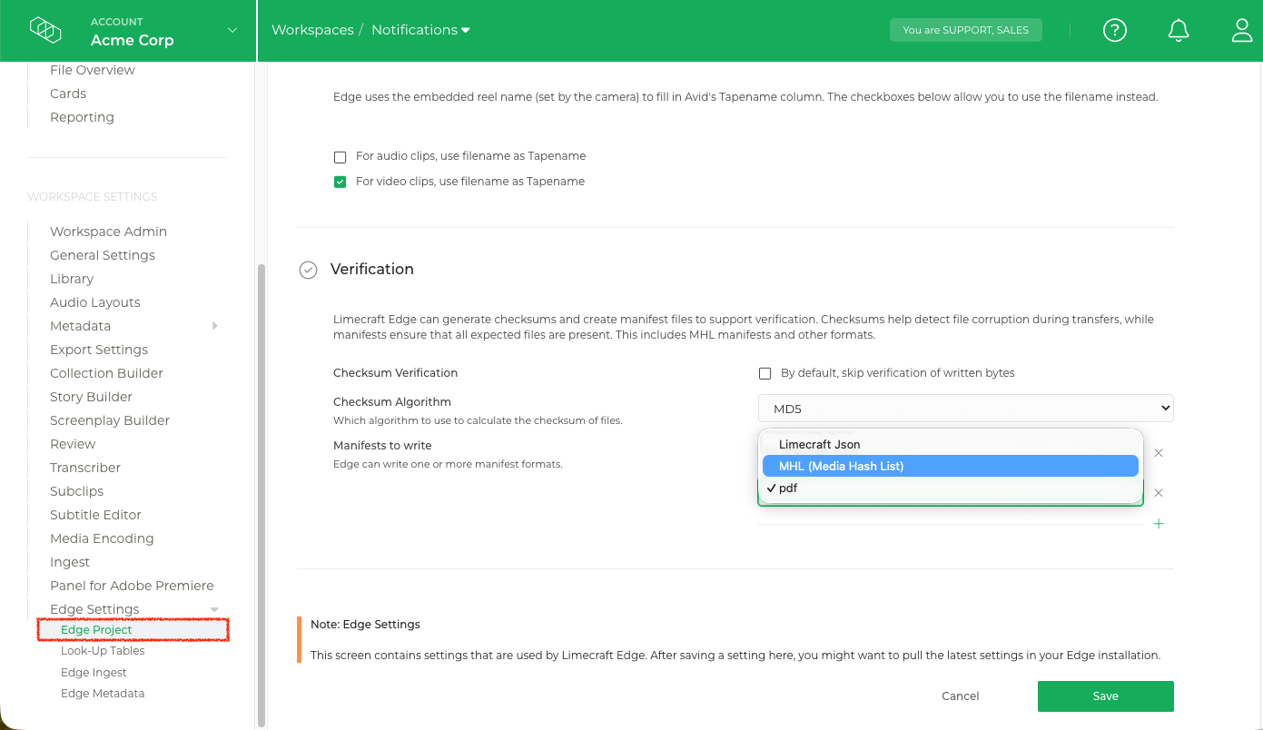 Limecraft screenshot showing how to select the verification method in the Edge Project settings. 