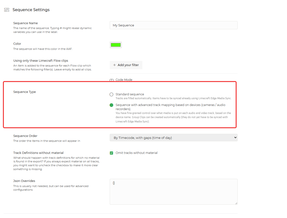 Limecraft screenshot showing where to find the advanced track settings for AAF export sequence settings. 