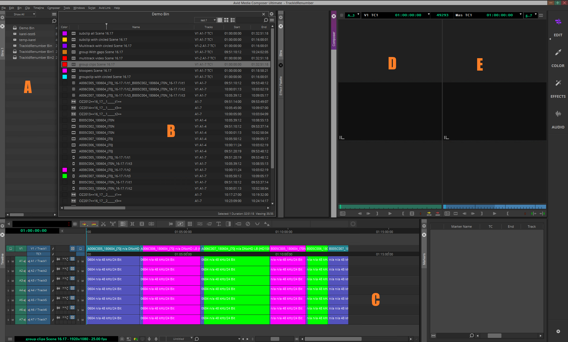 Limecraft screenshot showing the result of AAF export in Avid using AAF export template.