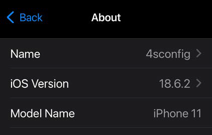 iPhone About screen showing name 4sconfig