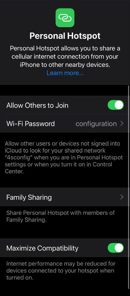 iPhone Personal Hotspot settings configured
