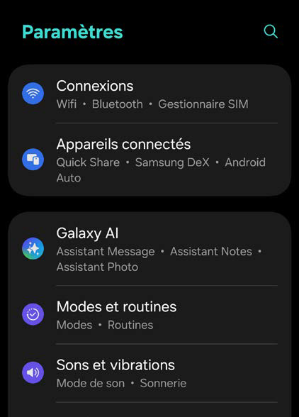 Écran des paramètres Android