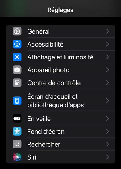 Écran des réglages iPhone