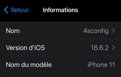 Écran Informations iPhone avec le nom 4sconfig