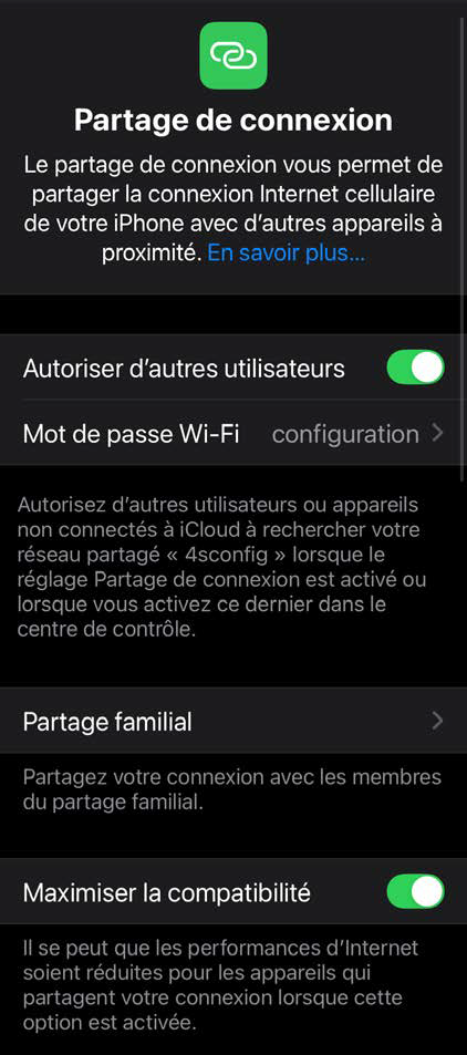 Réglages du partage de connexion iPhone configurés