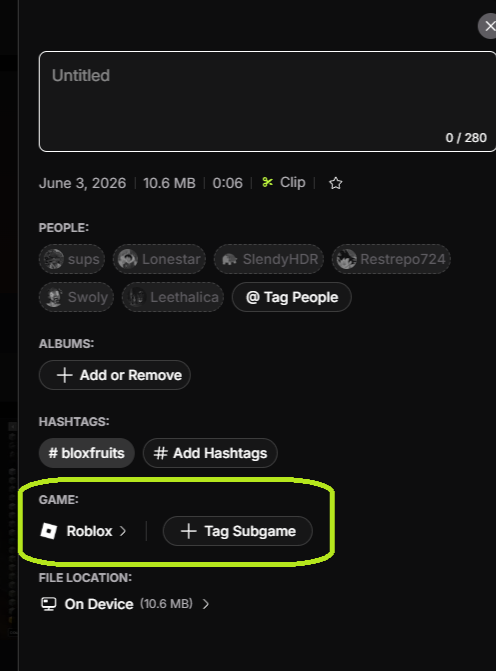 Clip preview showing the GAME section with Roblox listed and the + Tag Subgame button next to it