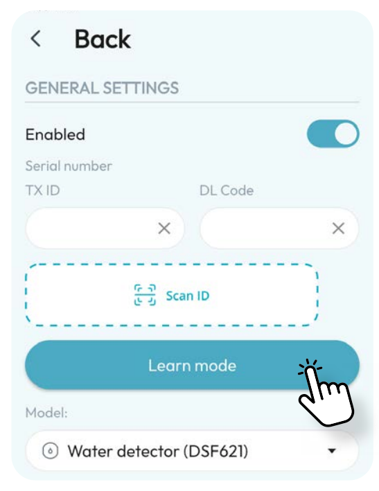 Tap Learn mode in the sensor configuration screen