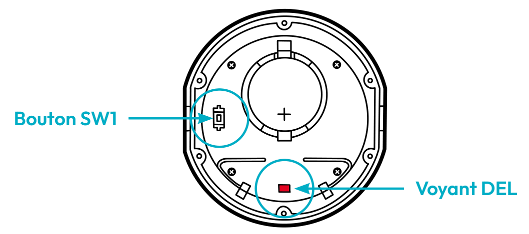 Bouton SW1 et voyant DEL à l’intérieur du détecteur