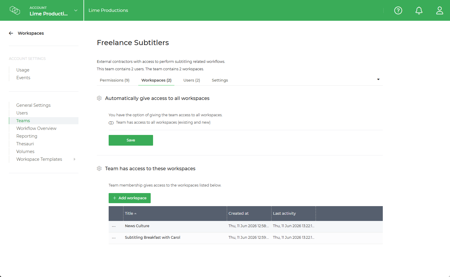 Limecraft screenshot showing how to manage the workspaces linked to a Team. 