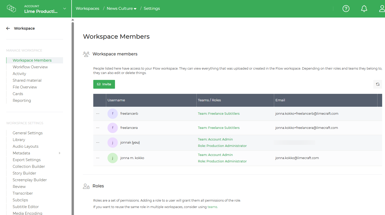Limecraft screenshot showing the member listing and how the Team membership and permissions are displayed. 