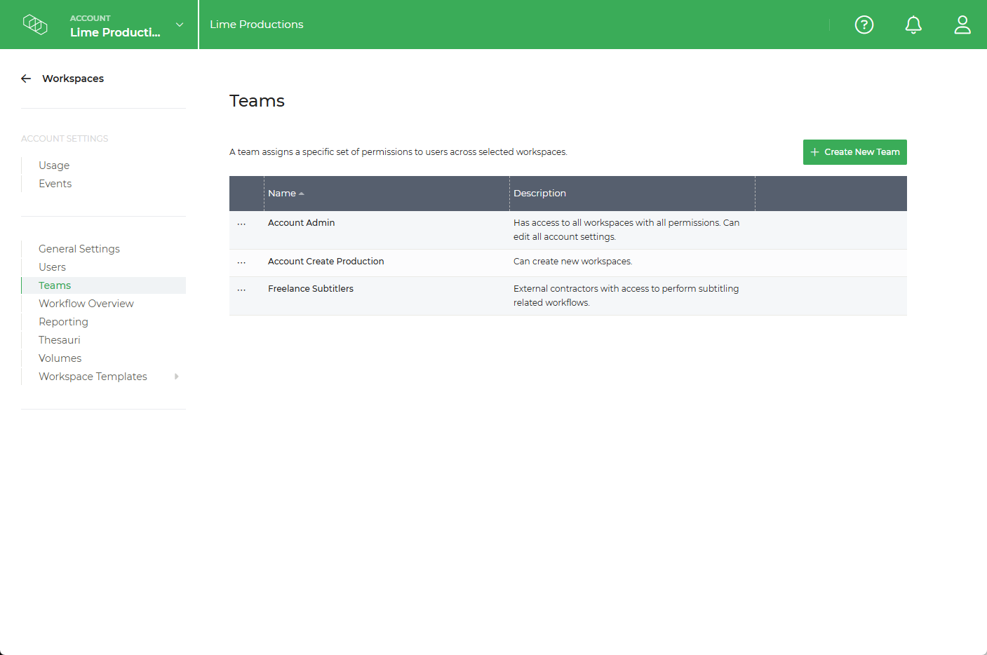 Limecraft screenshot showing the Teams page in the account settings to create teams for effective and central member and permissions management. 