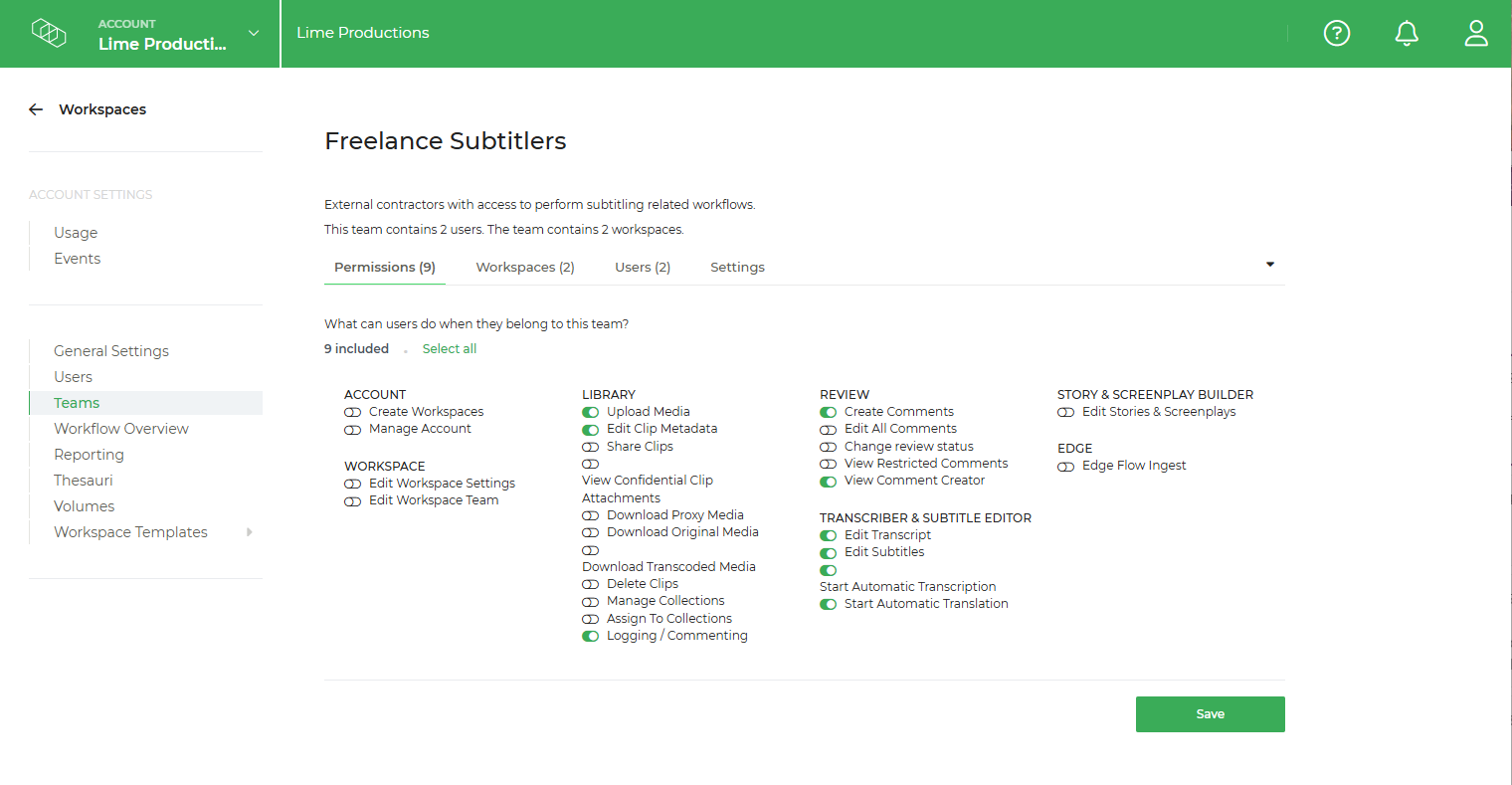 Limecraft screenshot showing how to manage permissions for a team at the account level. 