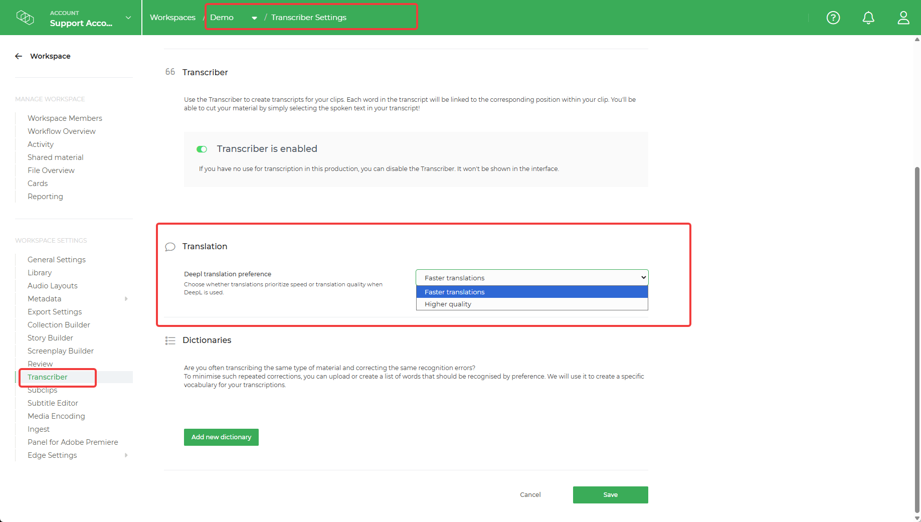 Limecraft screenshot showing how to manage the translation model via the workspace settings.
