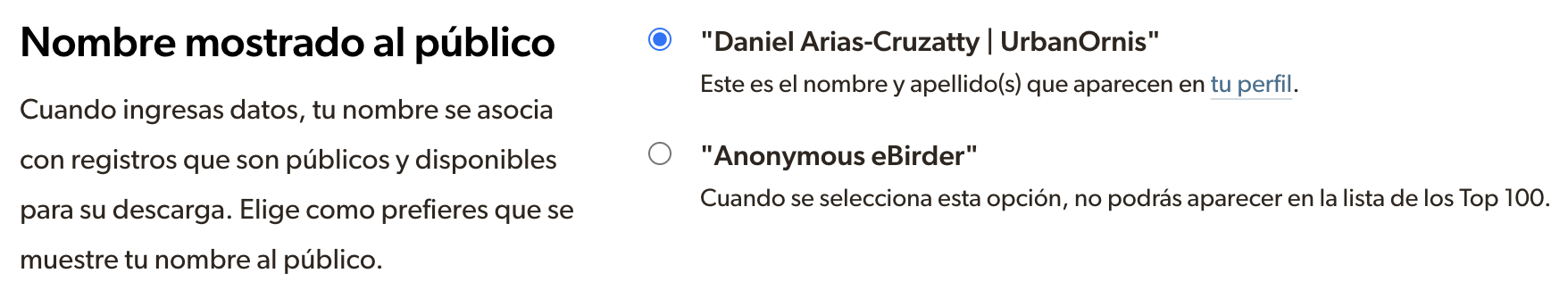 Opciones de visualización de nombre público