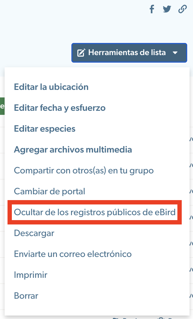 Ocultar lista de los resultados de eBird