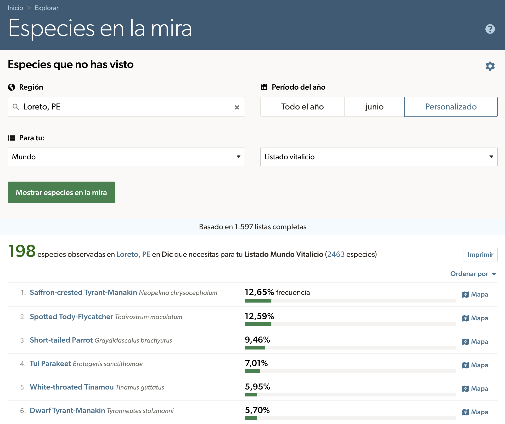 Especies objetivo de eBird