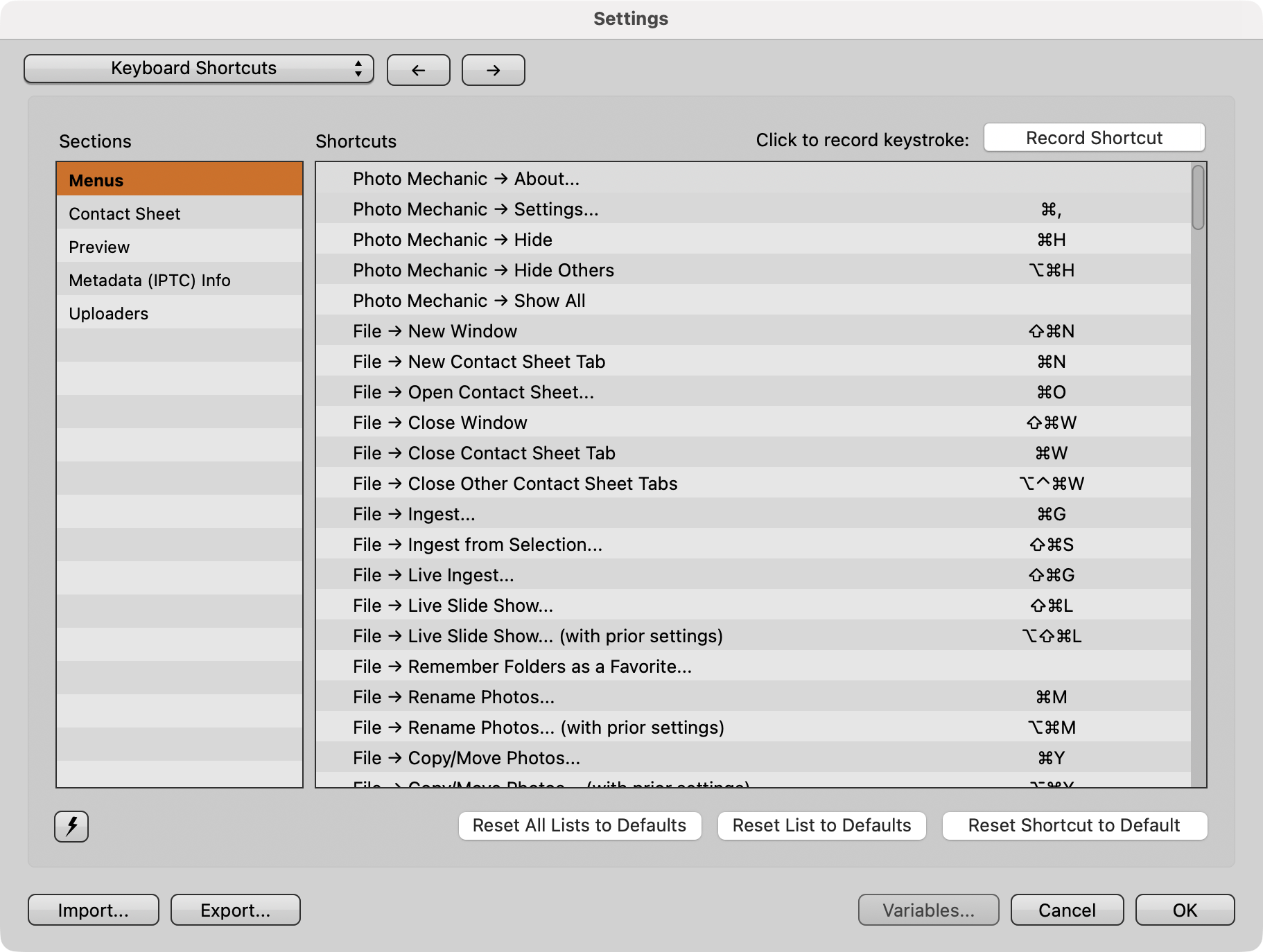 Screenshot of Custom Keyboard Shortcut Settings on macOS