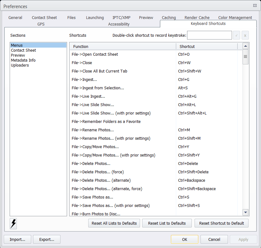 Keyboard Shortcut Preferences on Windows