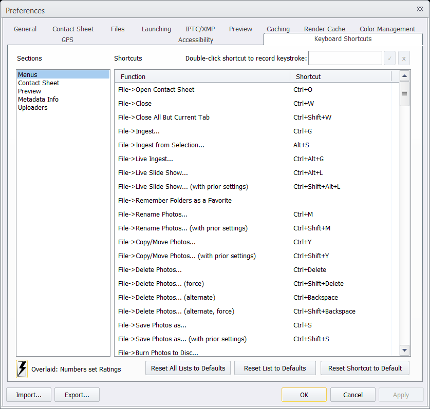 Screenshot of the Number Row sets Color Class Snapshot for Keyboard Shortcuts on Windows