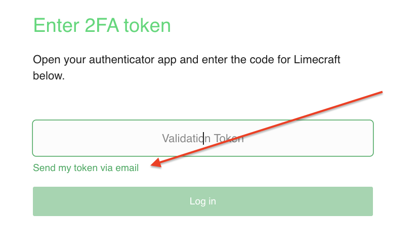 Limecraft screenshot illustrating how to request a 2FA token via email.