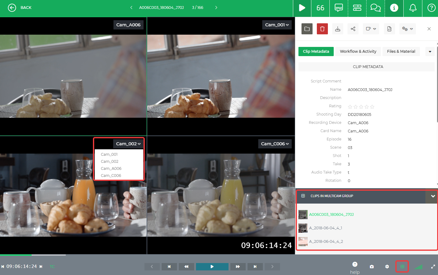 Limecraft screenshot illustrating the Multicam Player for viewing up to 4 synced videos simultaneously. 