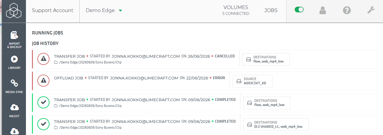 Limecraft screenshot showing the jobs log in Limecraft Edge. 