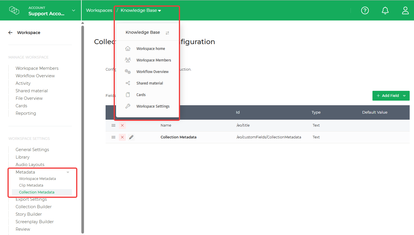 Limecraft screenshot showing where to find collection metadata settings for Limecraft Workspace. 