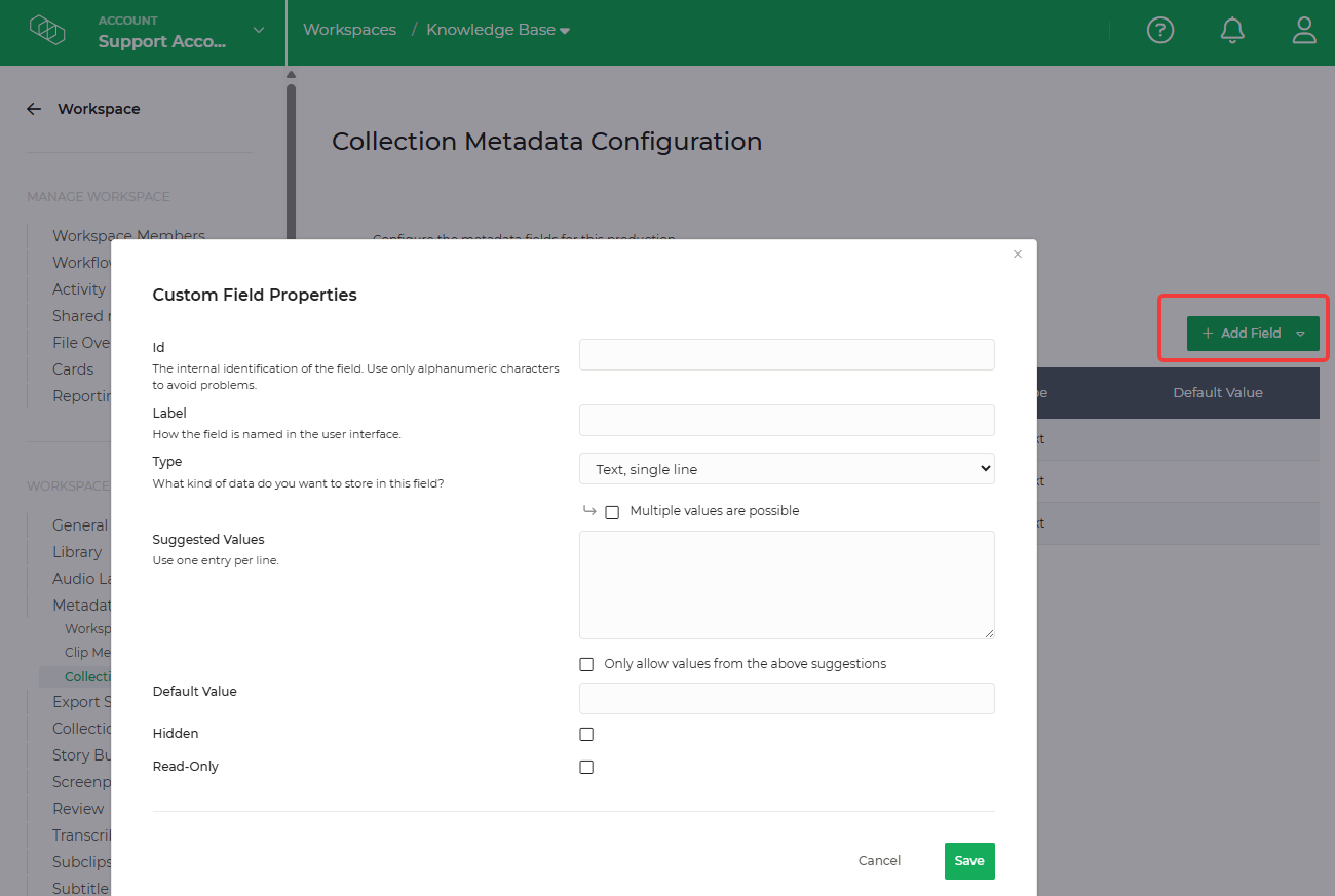 Limecraft screenshot showing how to add a new custom field for collection-level metadata in the Limecraft Workspace. 