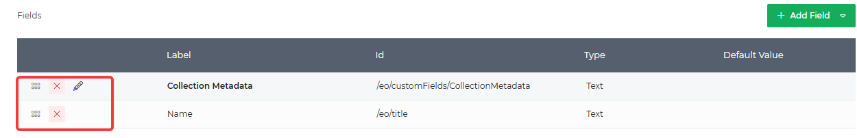 Limecraft screenshot showing the action buttons to adapt existing collection-level metadata fields in the Limecraft Workspace settings. 