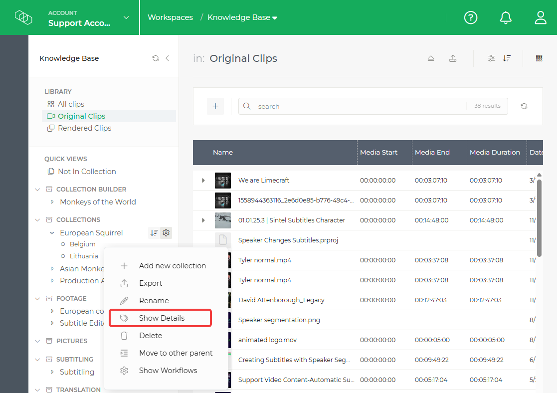 Limecraft screenshot showing where to open the collection-level metadata fields in Limecraft Workspace Library. 