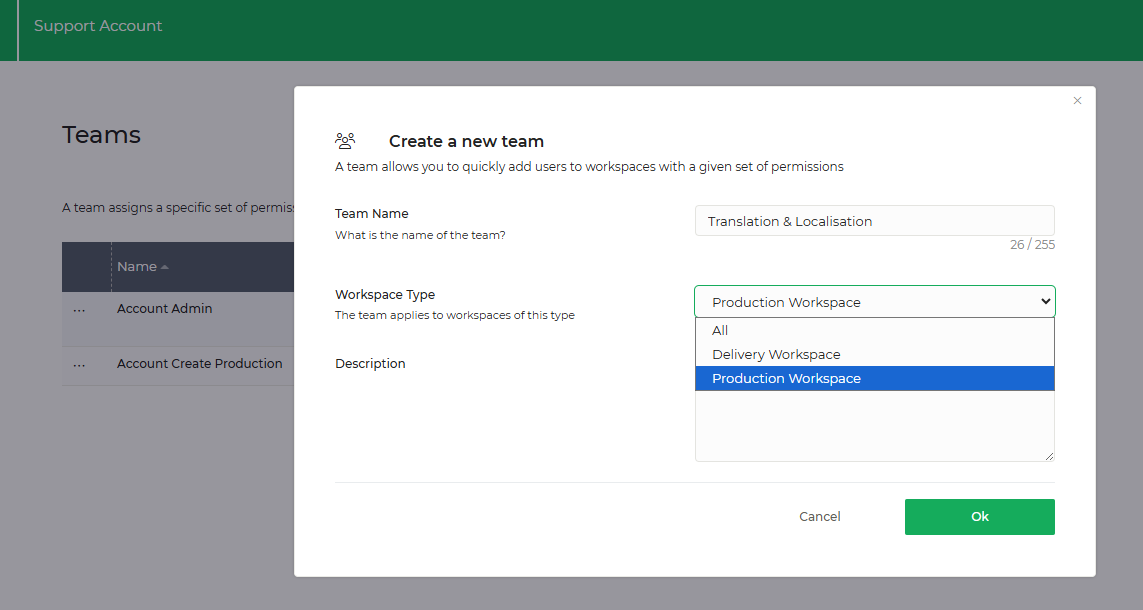 Limecraft screenshot showing the predefined options for Workspace Type.