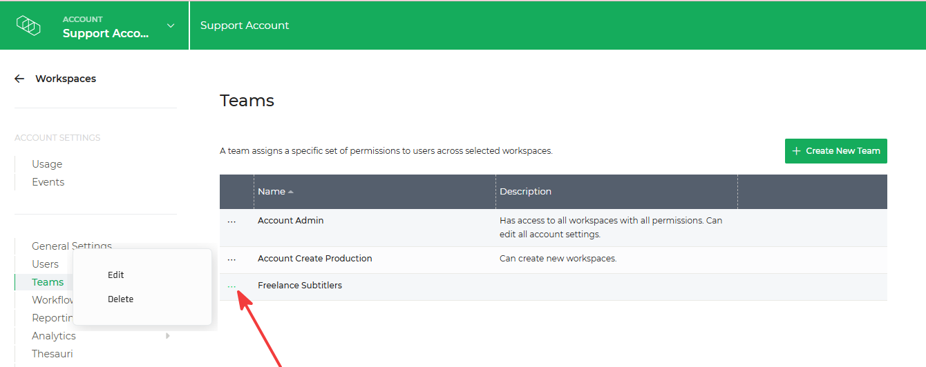 Limecraft screenshot showing the three dots to click in order to manage an existing team.