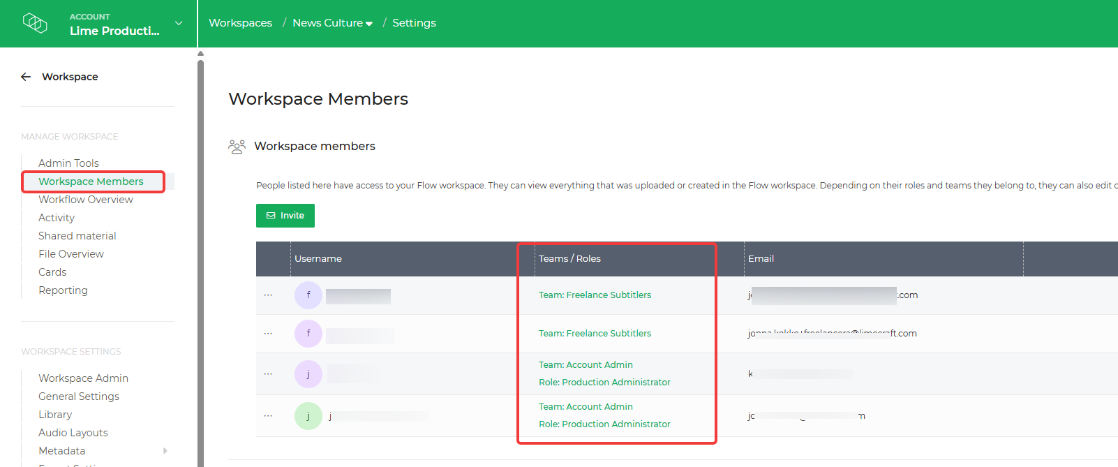 Limecraft screenshot showing where to view the member permissions in the Workspace Members settings.