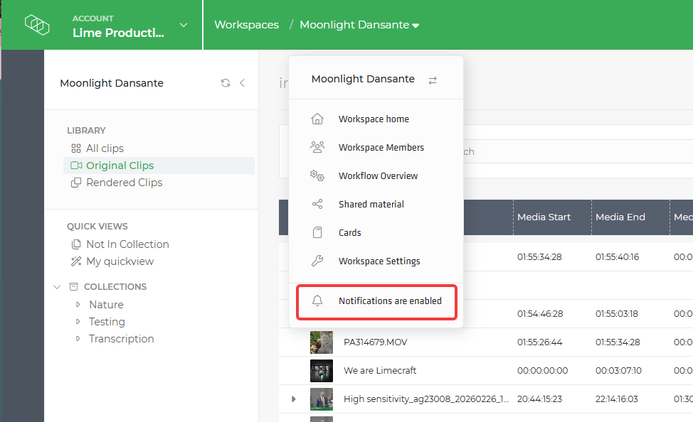 Limecraft screenshot showing how to enable or disable workspace notifications from a workspace.