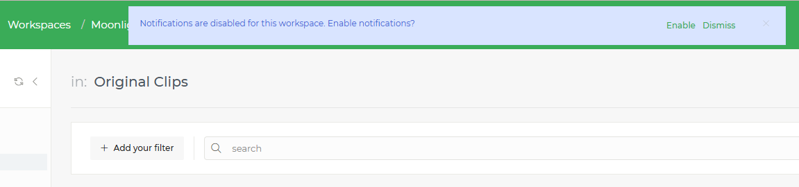 Limecraft screenshot showing a warning within a workspace for muted notifications.